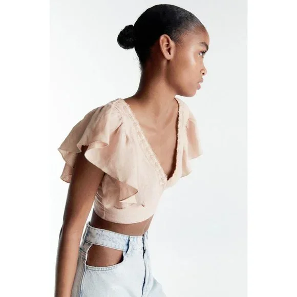 ☀️Zara nude linen plunge neckline crop top w/ floral mesh-like embroidery, M - Picture 2 of 11